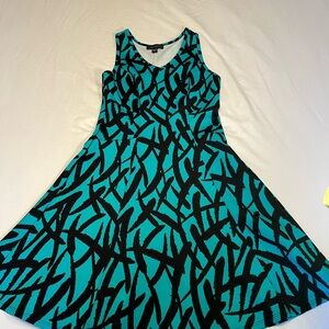 Karen Kane Teal and Black Abstract Midi Dress - Fit and Flare Scuba